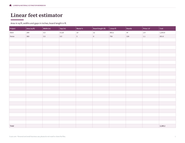 Preview of Printable Linear Feet Estimator Sheet